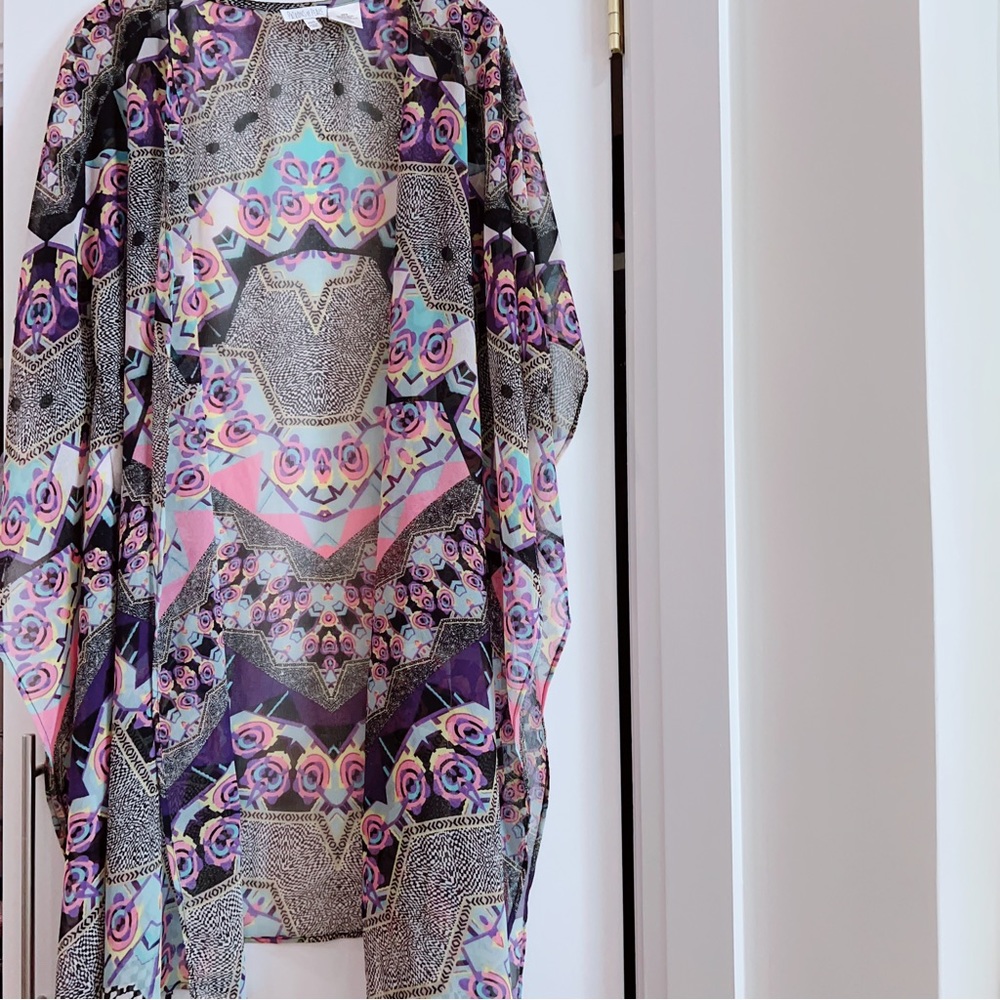 Patrons of Peace MIDI Maxi Sheer Kimono Black White Pink Teal Green XS S Coverup